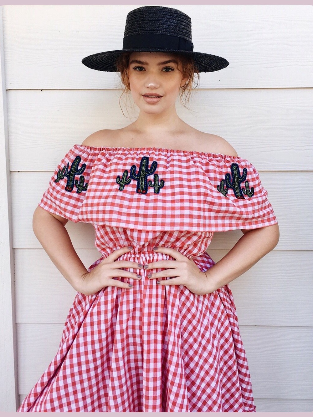 Off-Shoulder Red Gingham Midi Dress with Cactus Embroidery size S/M
